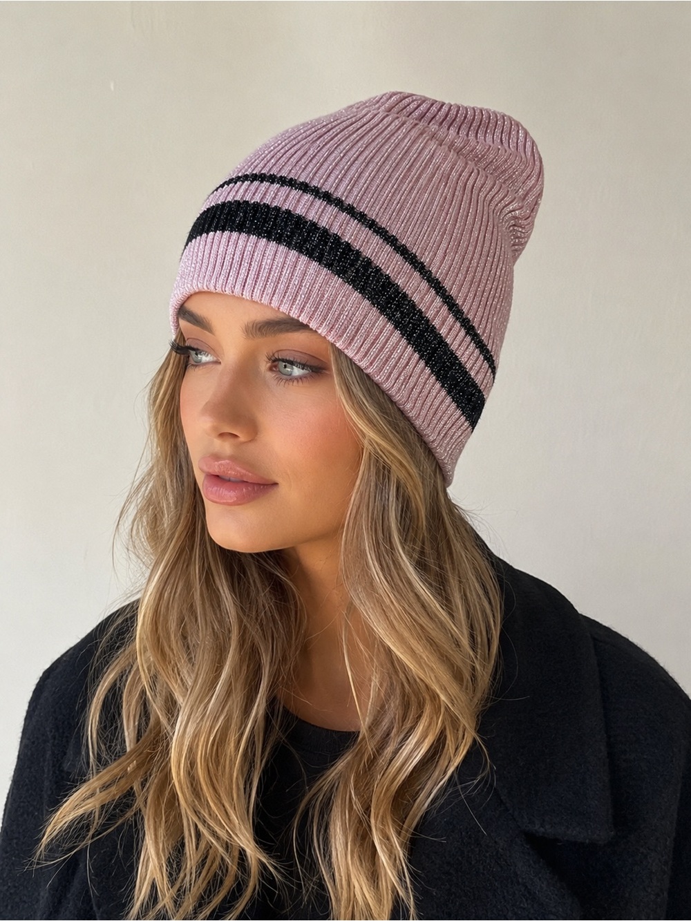 Zara Accessories Metallic Pink Ribbed Knit Beanie with Black Stripes – Size M